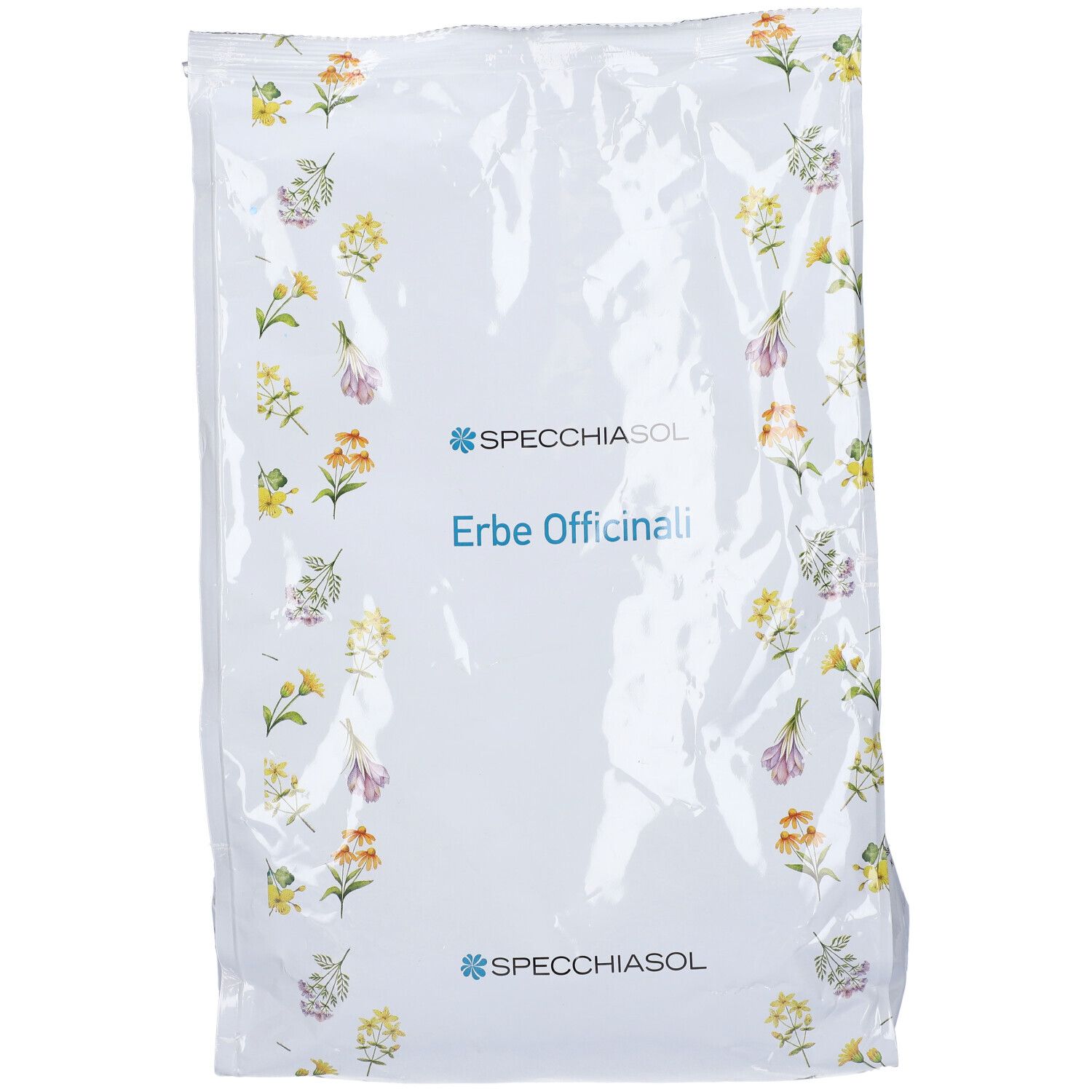 Sacchetto bianco con motivo floreale. Logo SPECCHIASOL e testo: Erbe Officinali. Confezione del prodotto, vista frontale.