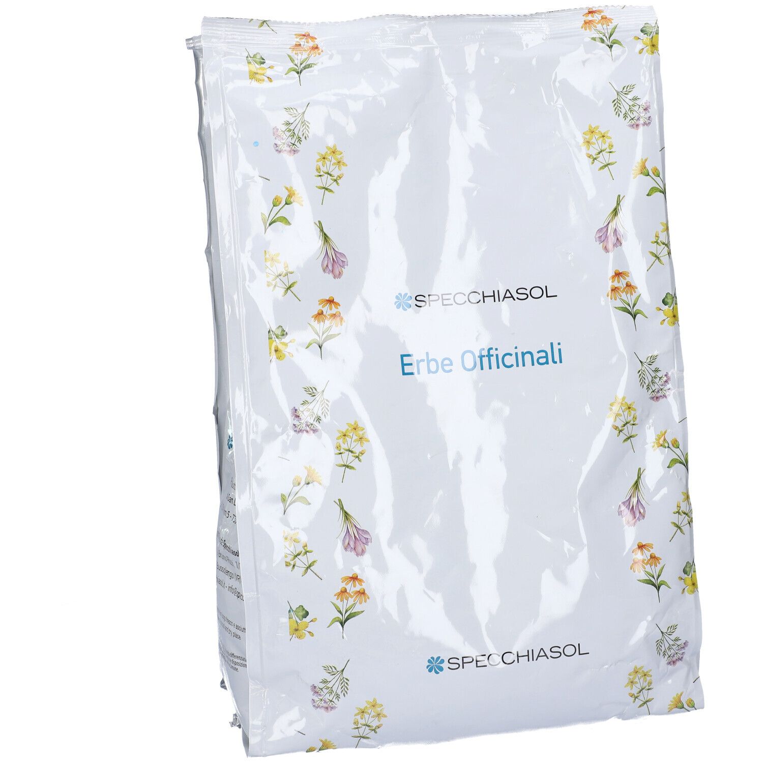 Sacchetto bianco con motivo floreale. Logo SPECCHIASOL e testo: Erbe Officinali. Confezione del prodotto, leggermente obliqua.
