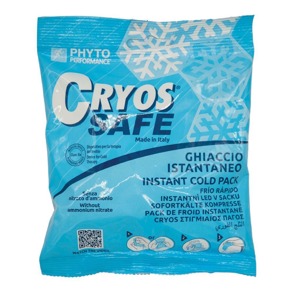 Confezione blu e bianca CRYOS SAFE. Testo in italiano e inglese. Marchio PHYTO PERFORMANCE. Prodotto in Italia.