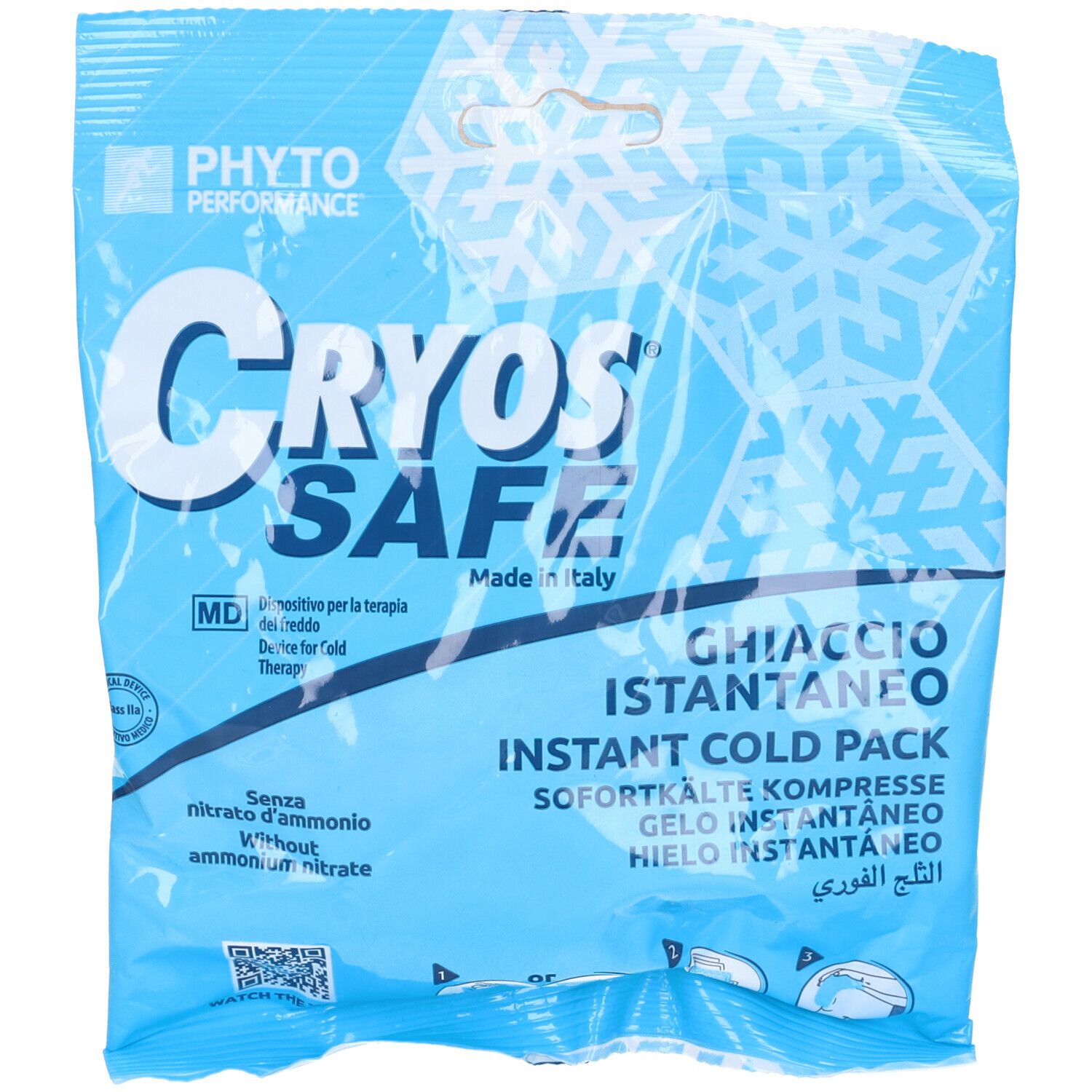 Confezione blu e bianca CRYOS SAFE. Testo in italiano e inglese. Marchio PHYTO PERFORMANCE. Prodotto in Italia.
