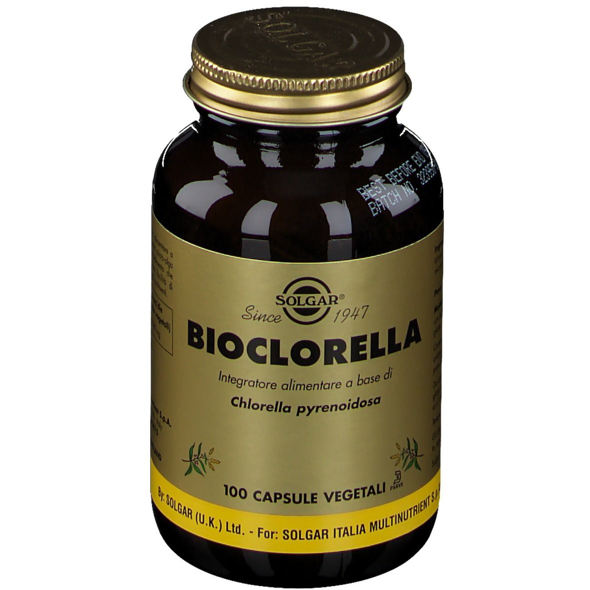 Flacone di vetro marrone con tappo dorato. Scritta: Bioclorella, 100 capsule. Marchio: Solgar.