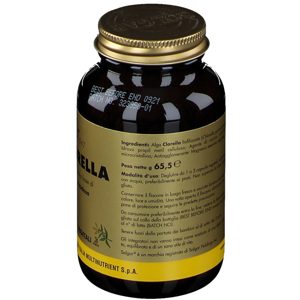 Flacone di vetro marrone con tappo dorato. Scritta: Bioclorella. Retro con ingredienti e istruzioni per l'uso.
