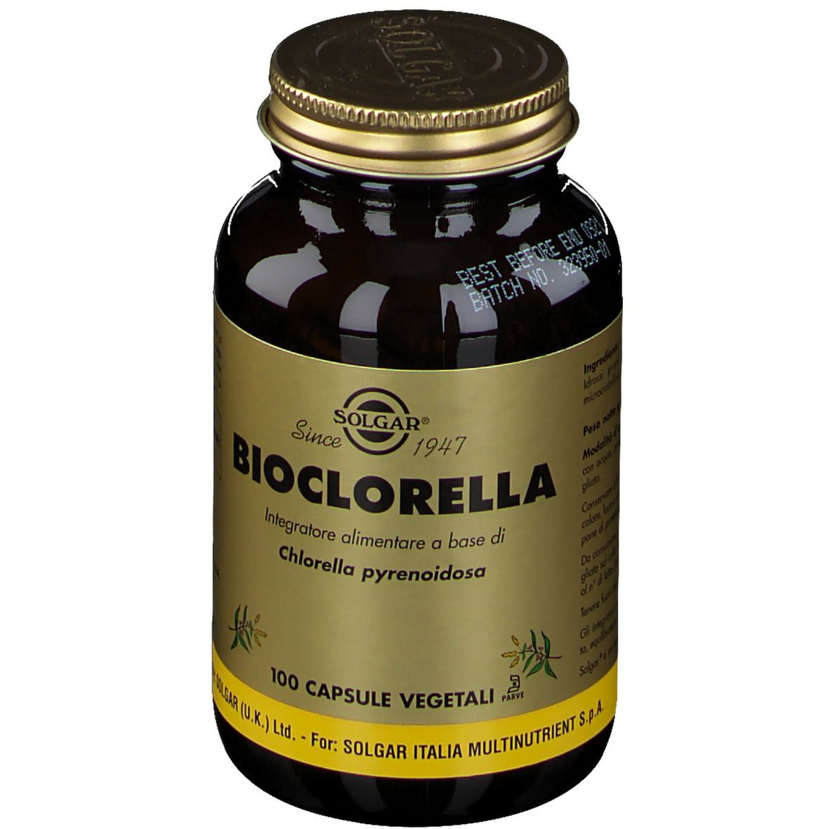 Flacone di vetro marrone con tappo dorato. Scritta: Bioclorella, 100 capsule. Marchio: Solgar.