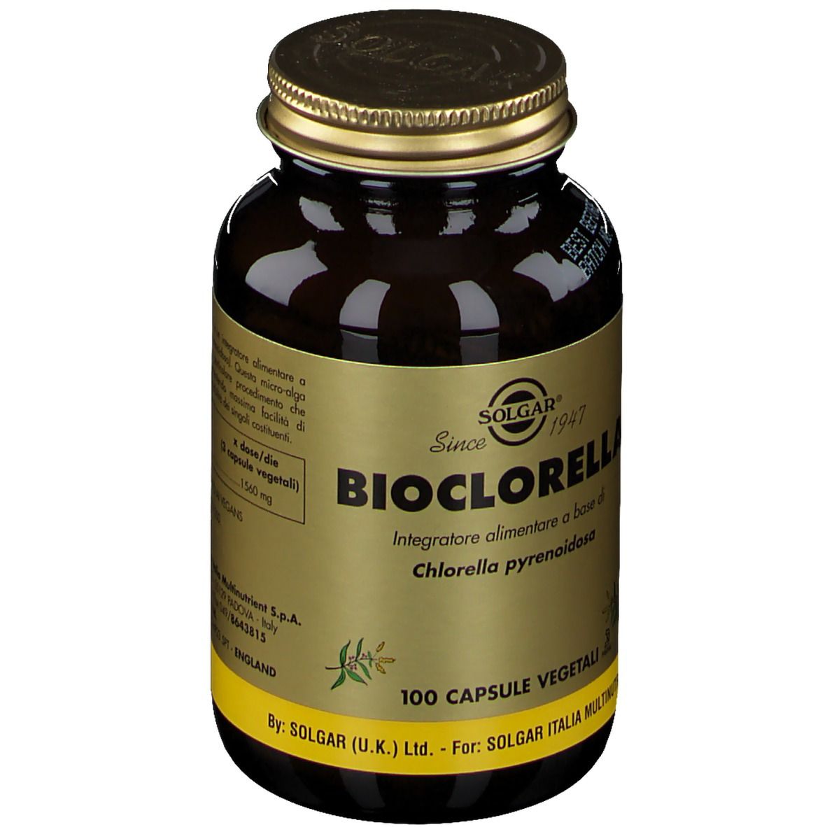 Flacone di vetro marrone con tappo dorato. Scritta: Bioclorella, 100 capsule. Marchio: Solgar.