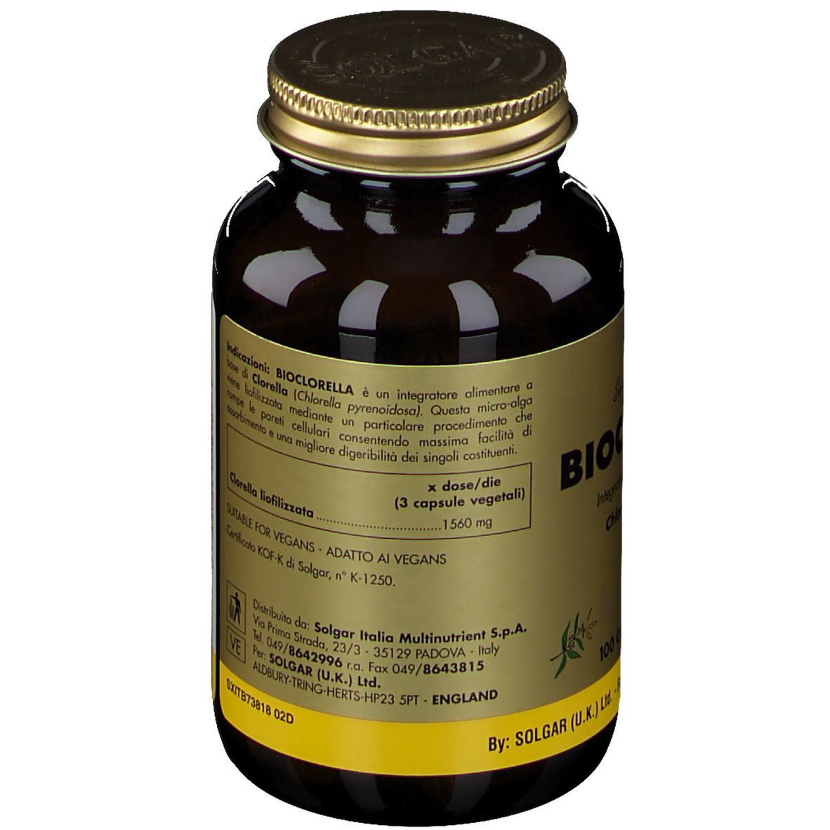 Flacone di vetro marrone con tappo dorato. Scritta: Bioclorella. Retro con ingredienti e dosaggio.