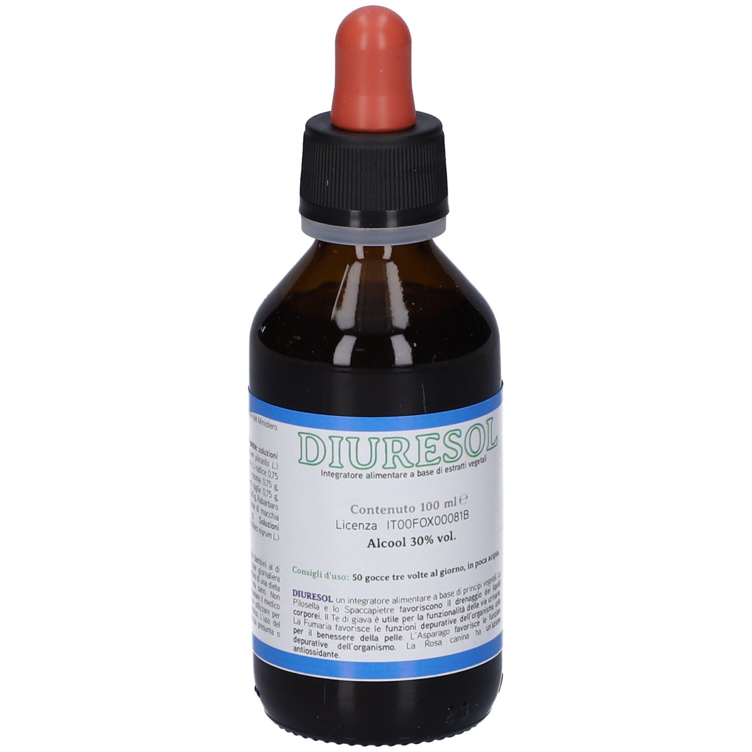 Diuresol, 100 ml, Alkohol 30% vol., integratore alimentare a base di estratti vegetali.