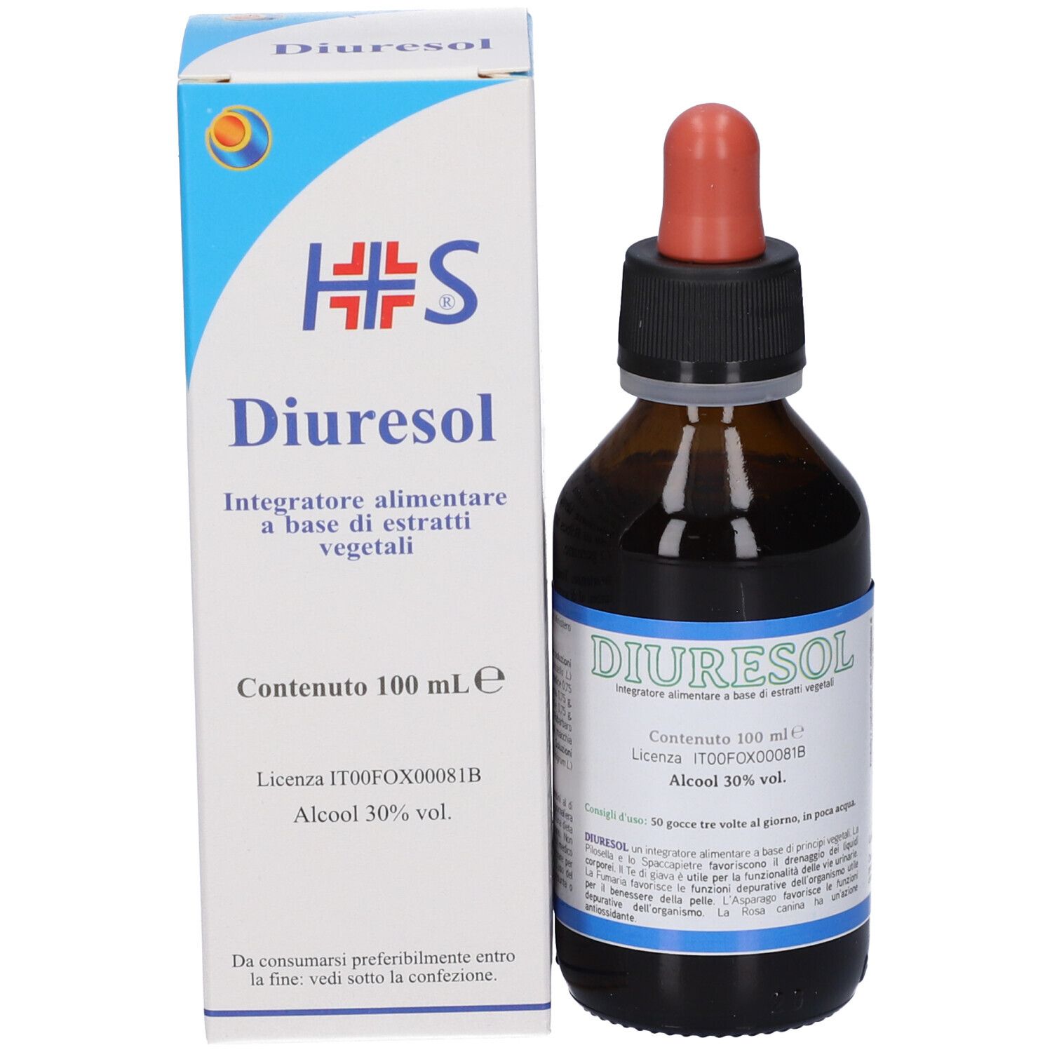 Diuresol 100ml Flasche und Verpackung mit 30% Alkohol.