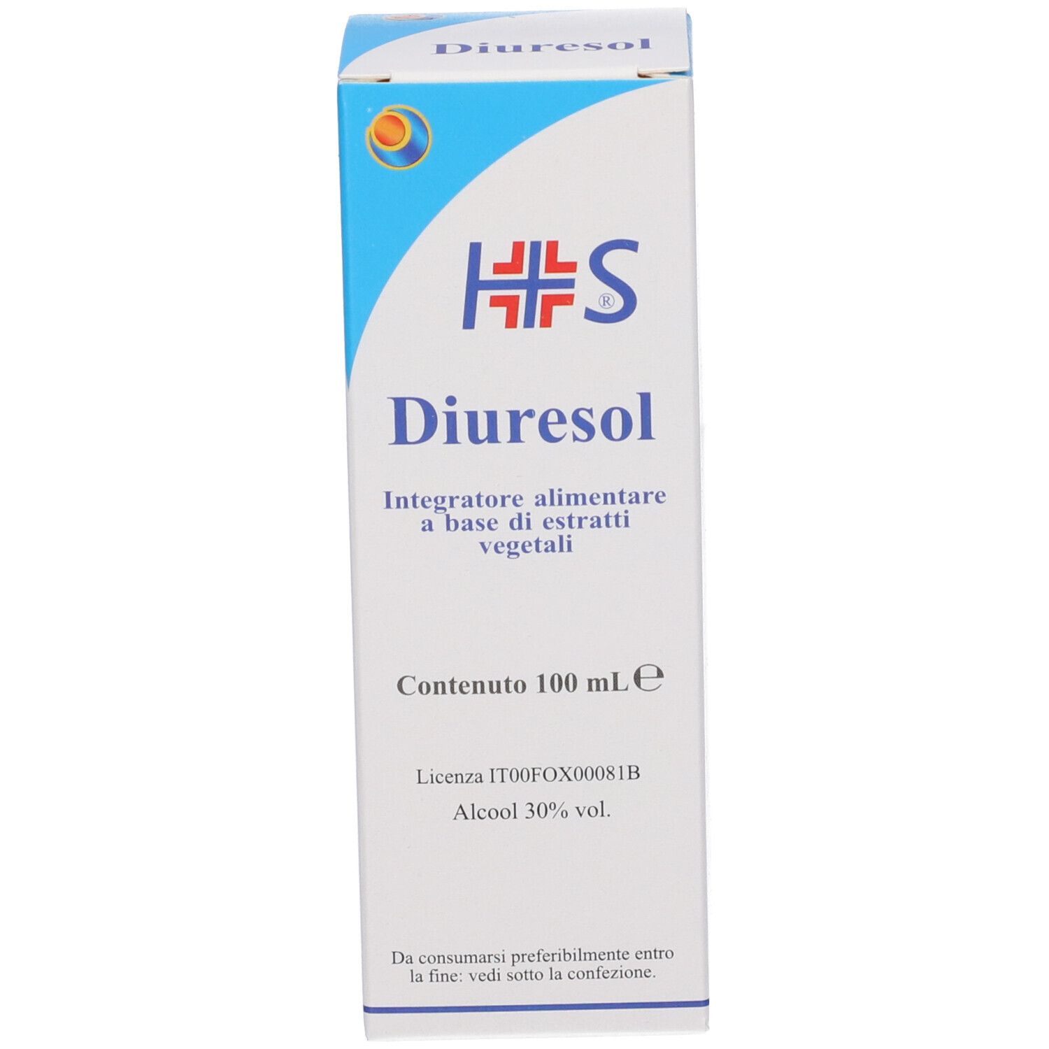 Packung Diuresol, ein 100 ml pflanzliches Extrakt-Nahrungsergänzungsmittel.