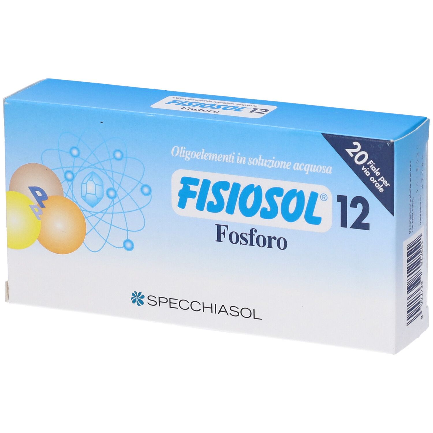 Confezione Fisiosol 12. Scatola blu con nome, logo e 20 fiale. Sfondo con cerchi.