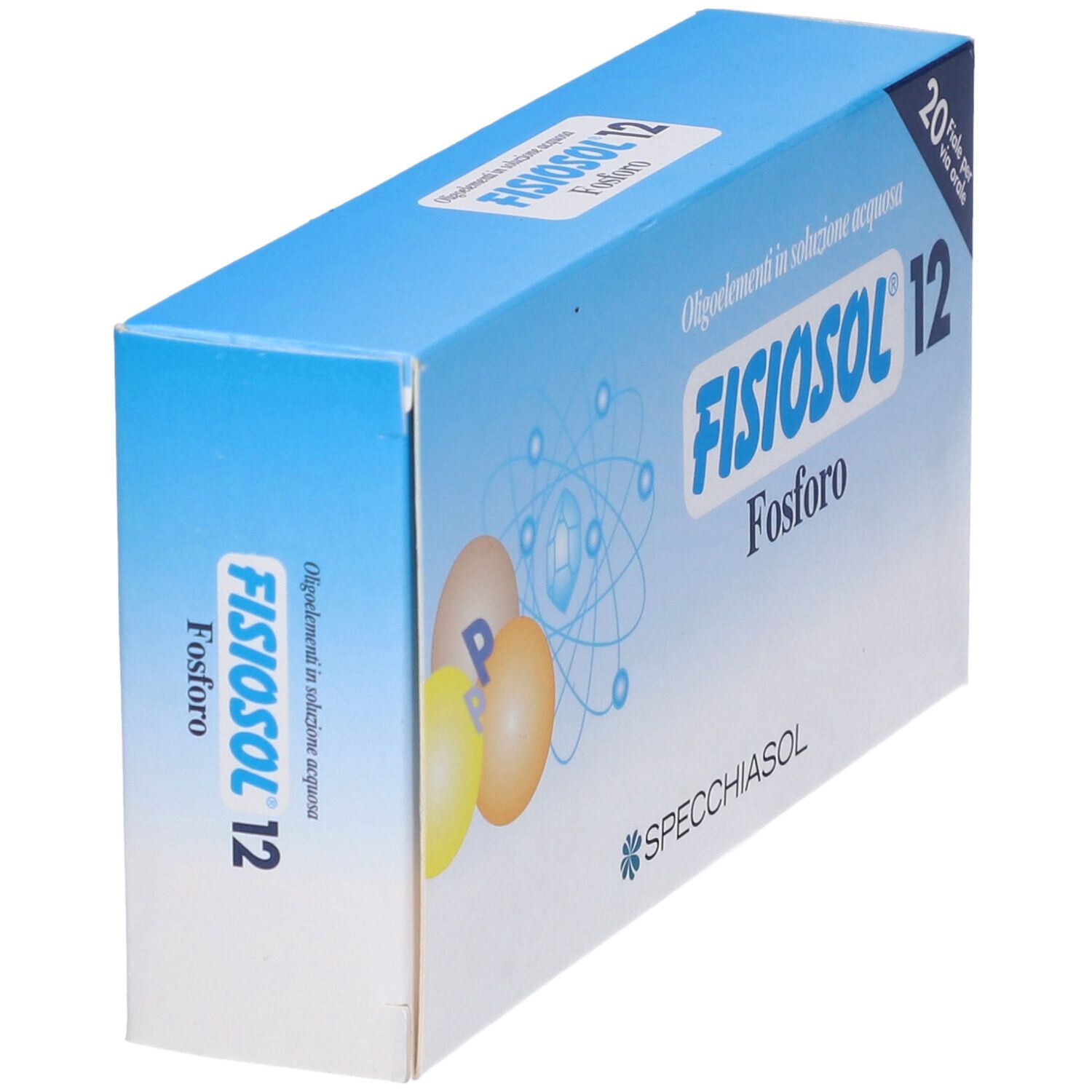Confezione Fisiosol 12. Scatola blu con nome, logo e 20 fiale. Vista prospettica.