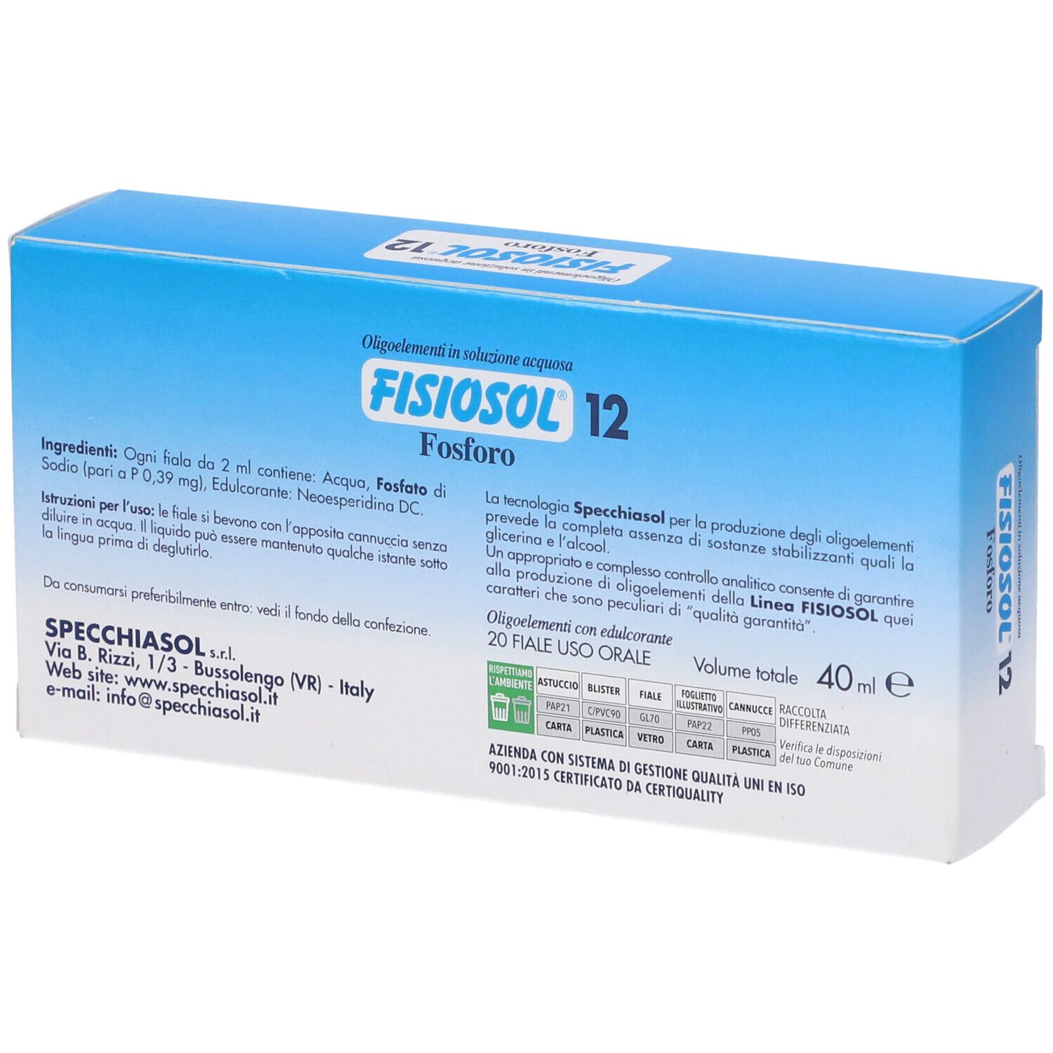 Retro della confezione Fisiosol 12. Scatola blu con testo, ingredienti e certificazioni.