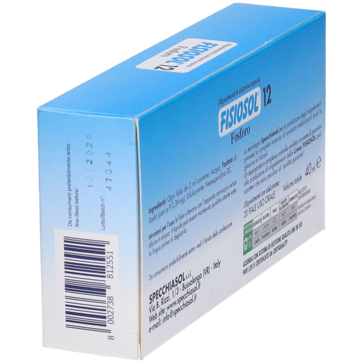 Retro della confezione Fisiosol 12. Scatola blu con testo, ingredienti e data di scadenza.