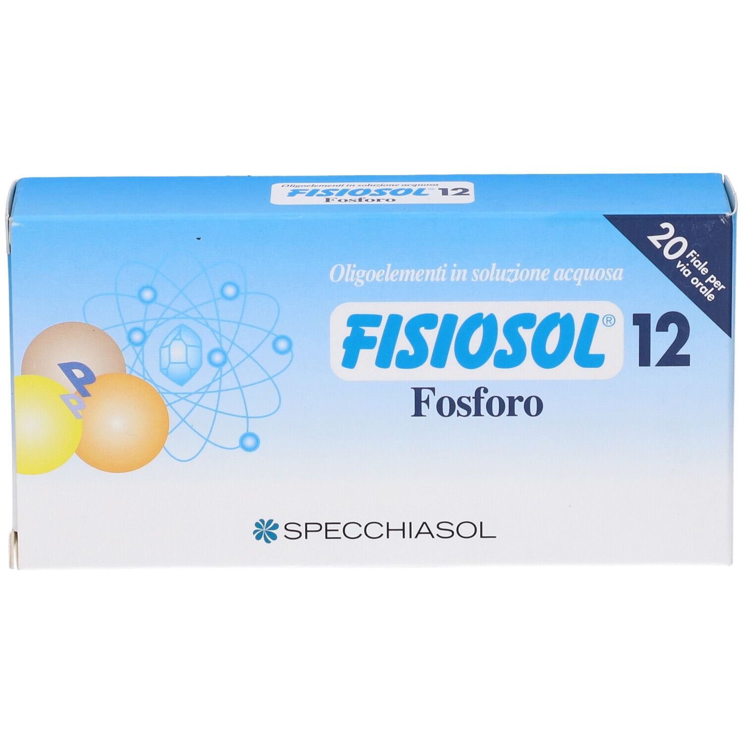 Confezione Fisiosol 12. Scatola blu con nome, logo e 20 fiale. Vista dall'alto.