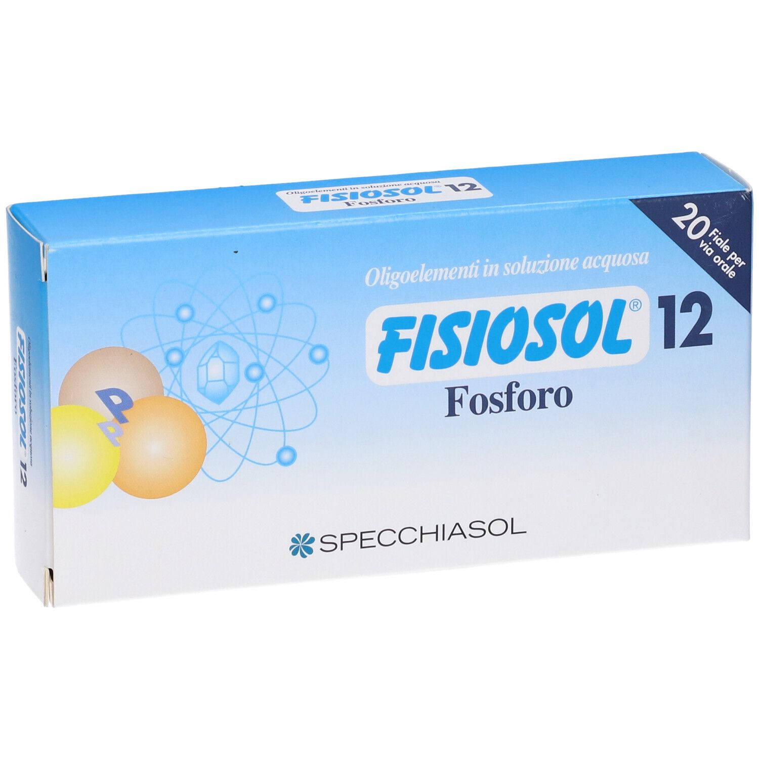Confezione Fisiosol 12. Scatola blu con nome, logo e 20 fiale. Vista prospettica.