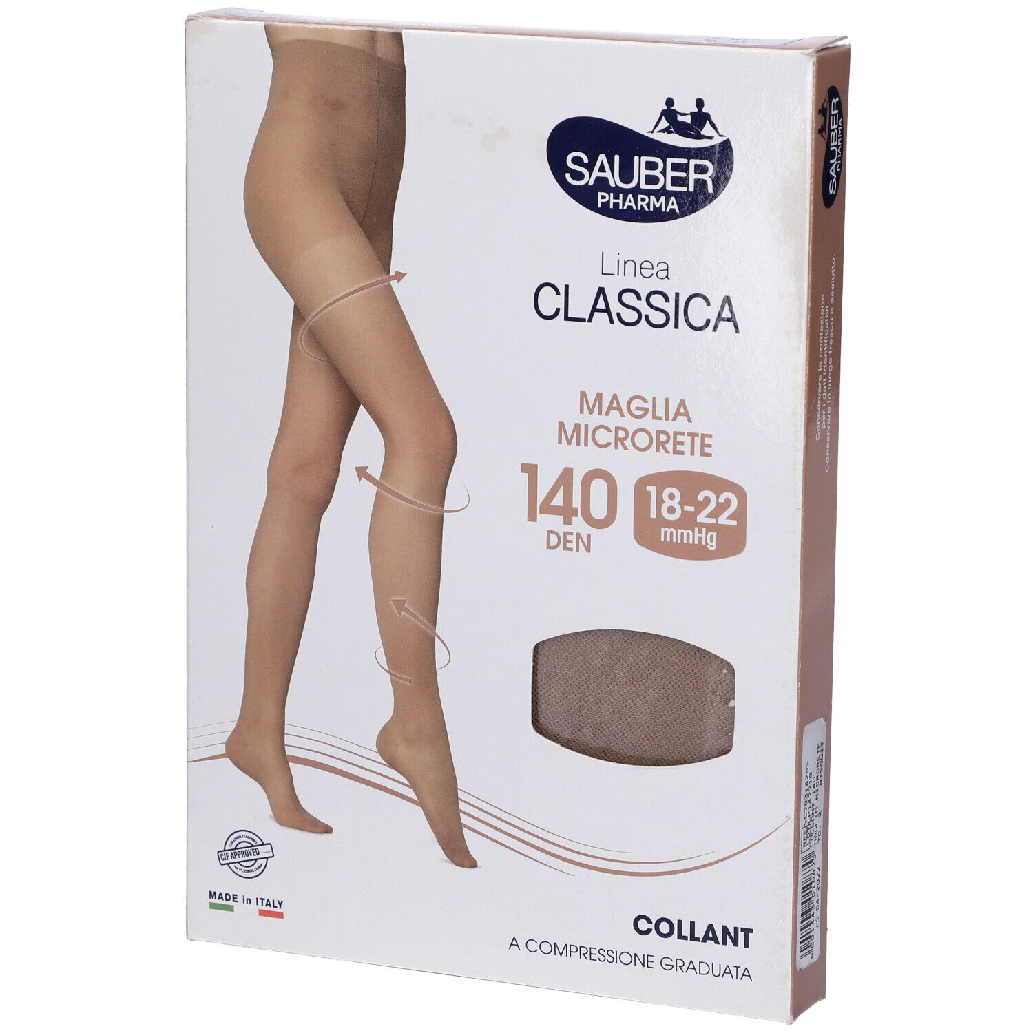 Confezione collant Sauber Classica. Scritte: 140 DEN, 18-22 mmHg, Maglia Microrete. Immagine del prodotto.