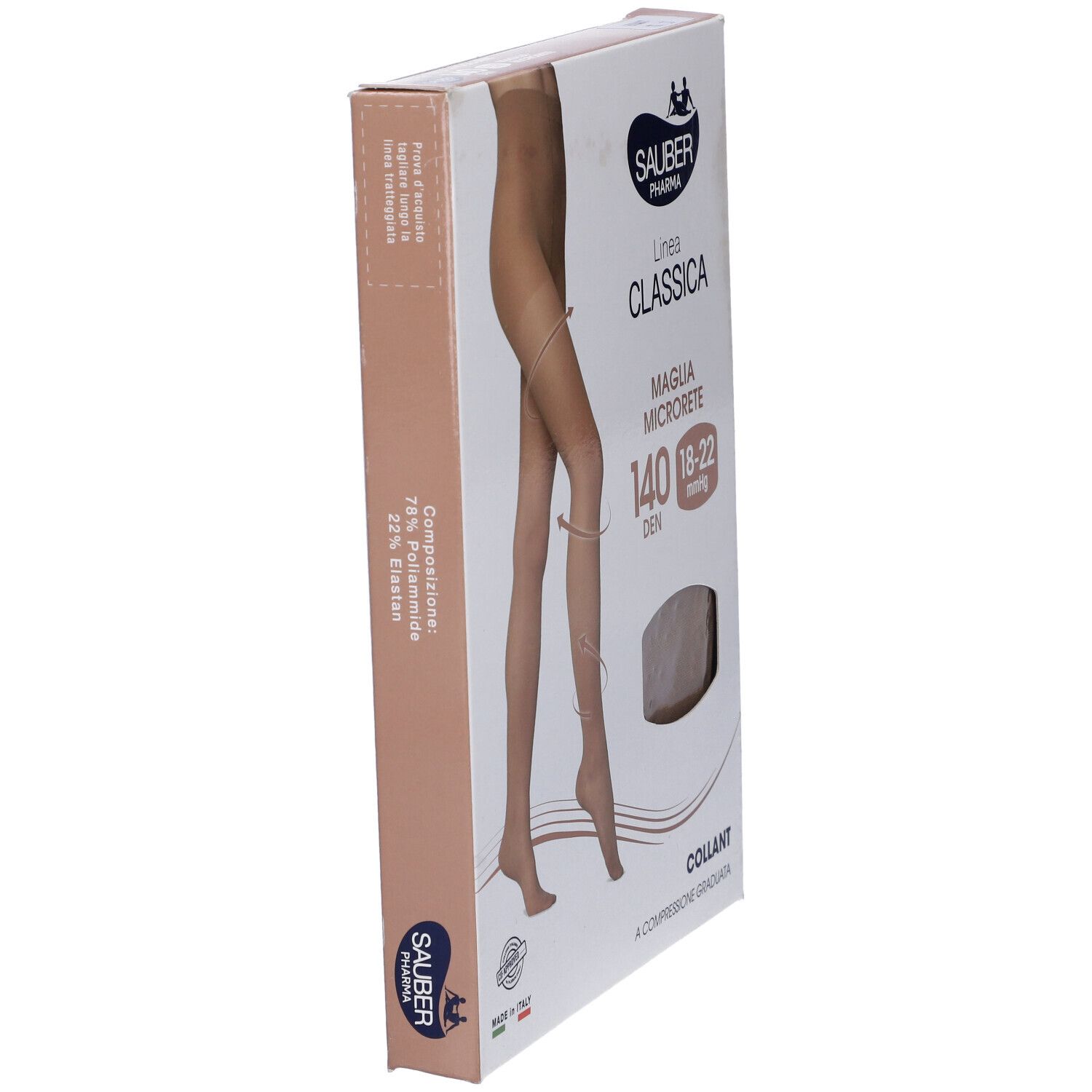 Confezione collant Sauber Classica. Scritte: 140 DEN, 18-22 mmHg, Maglia Microrete. Immagine del prodotto.