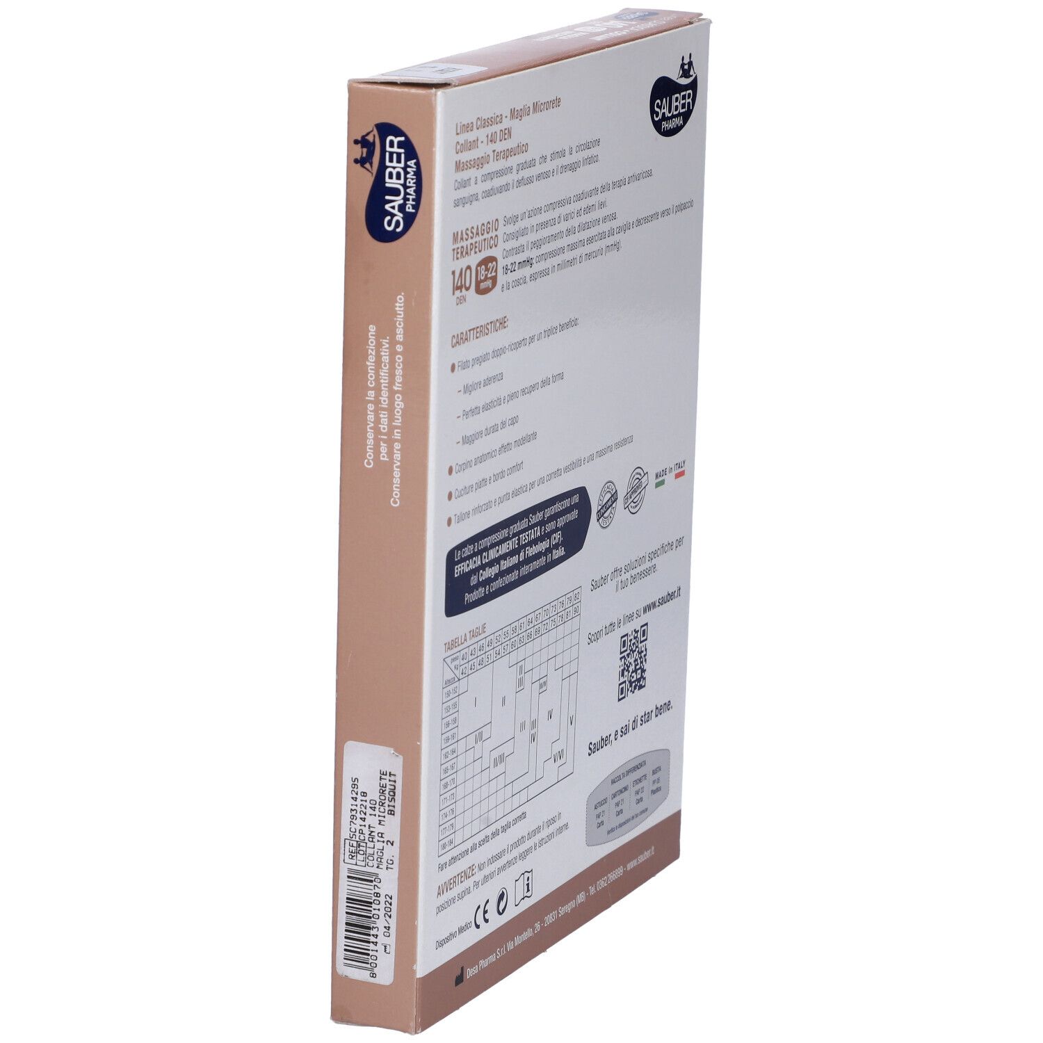 Vista laterale della confezione con informazioni collant Sauber Classica. Testo, QR code, certificazioni.