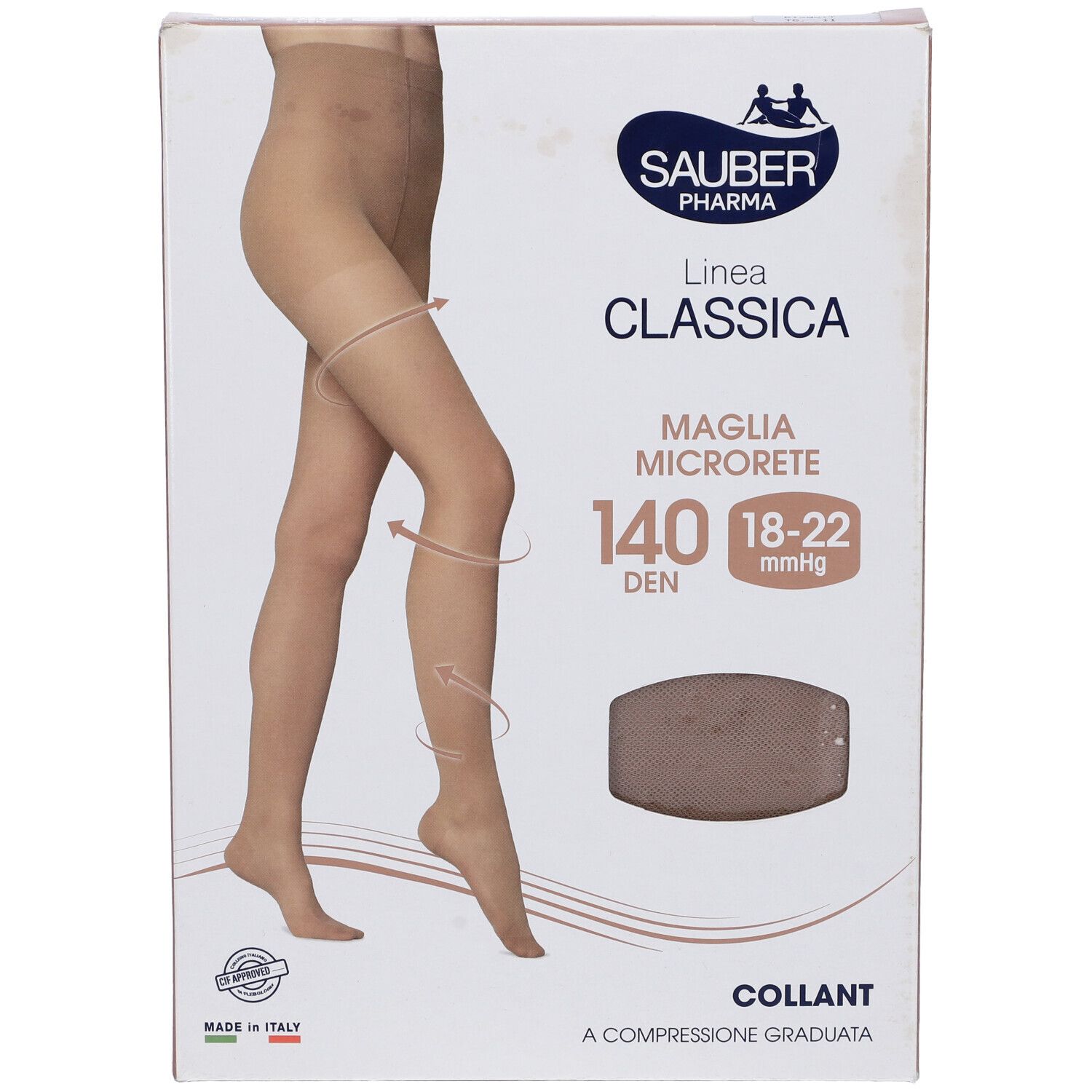 Confezione collant Sauber Classica. Scritte: 140 DEN, 18-22 mmHg, Maglia Microrete. Immagine del prodotto.