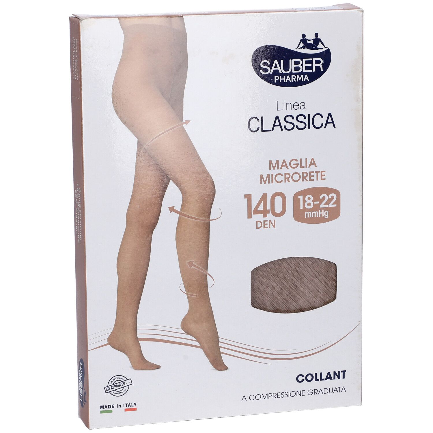 Confezione collant Sauber Classica. Scritte: 140 DEN, 18-22 mmHg, Maglia Microrete. Immagine del prodotto.