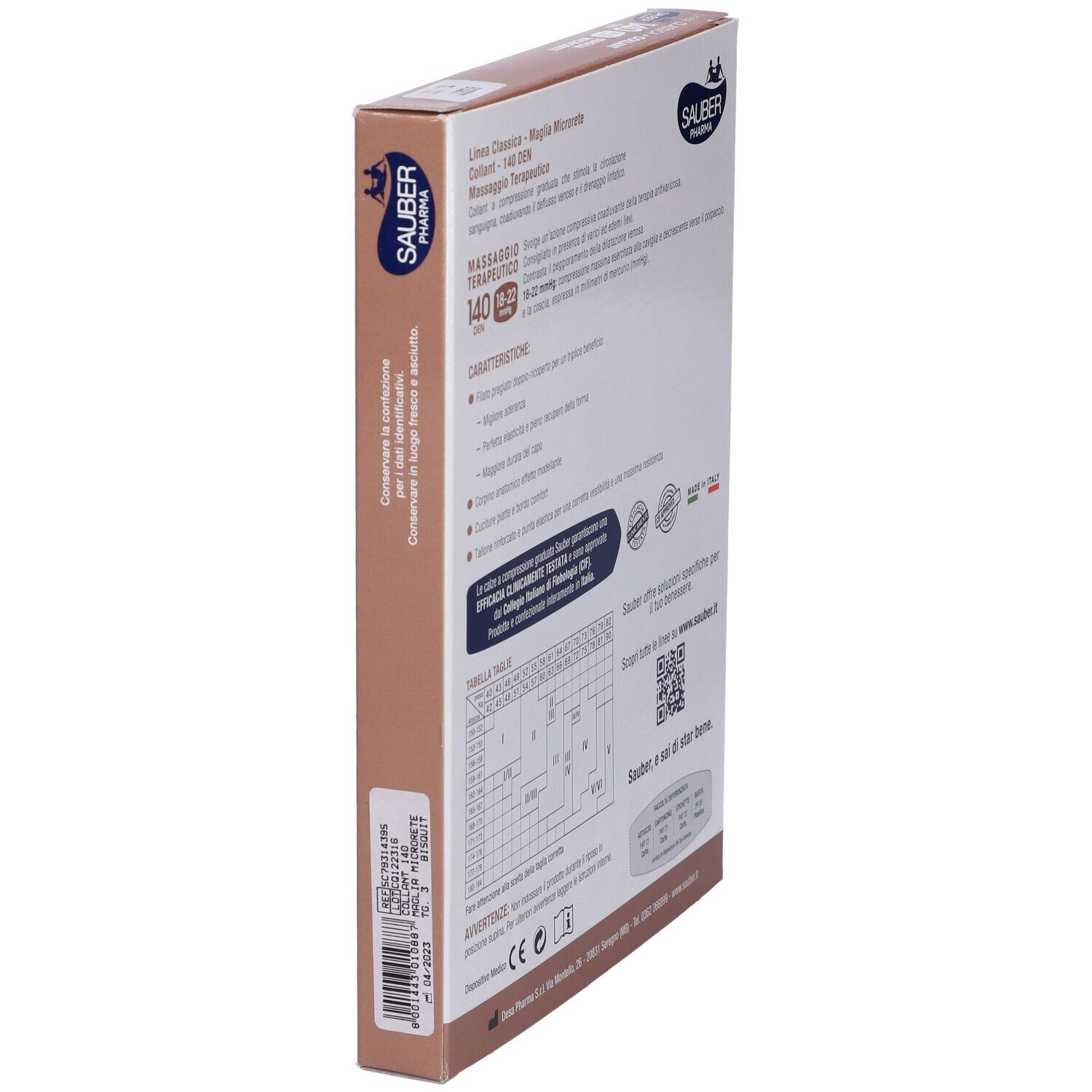 Vista laterale della confezione. Marchio Sauber. Informazioni sui collant, tabella taglie, codice QR.