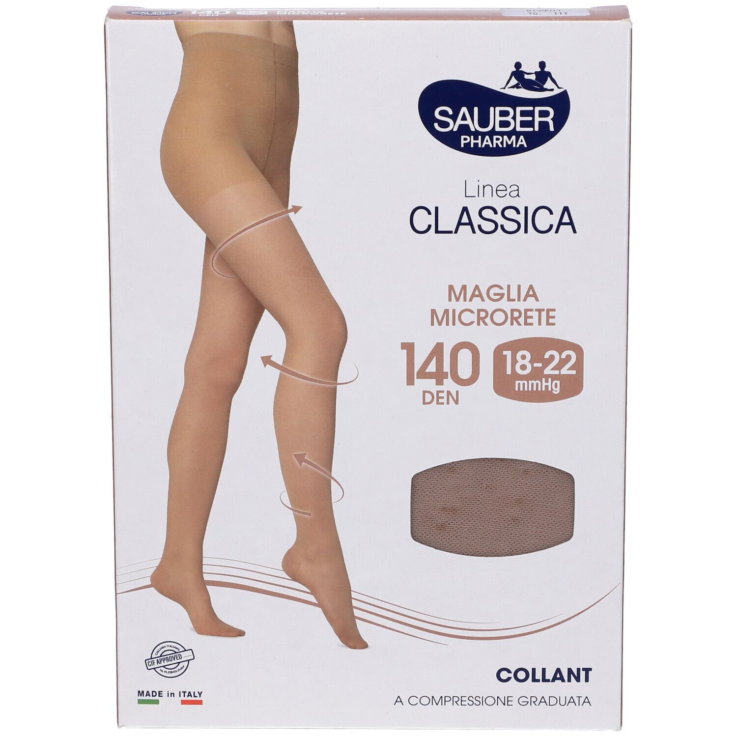Confezione collant Sauber Classica 140 Den Bisquit. Collant a compressione graduata. Dettagli sulla confezione.