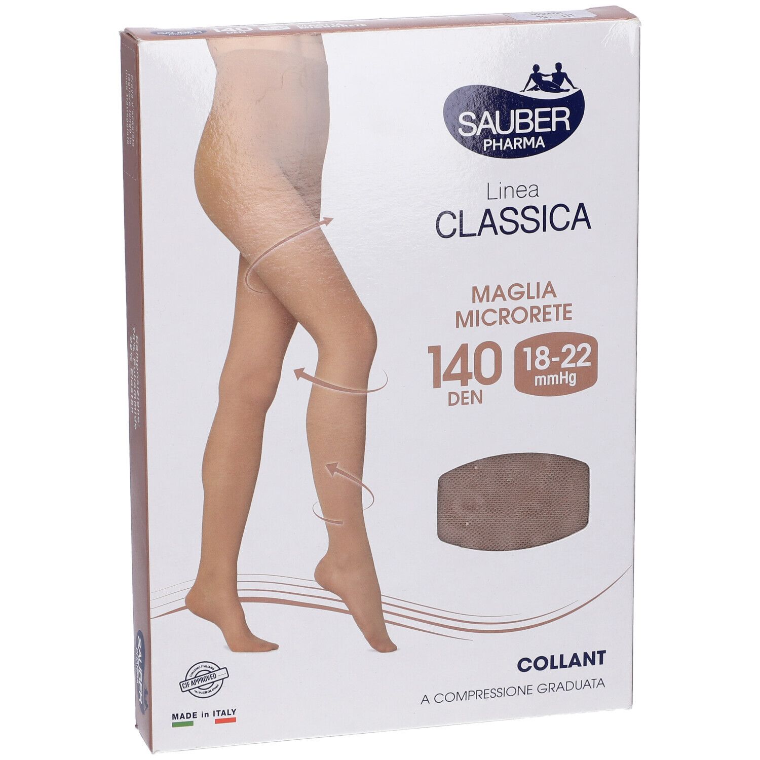 Confezione collant Sauber Classica 140 Den Bisquit. Collant a compressione graduata. Dettagli sulla confezione.