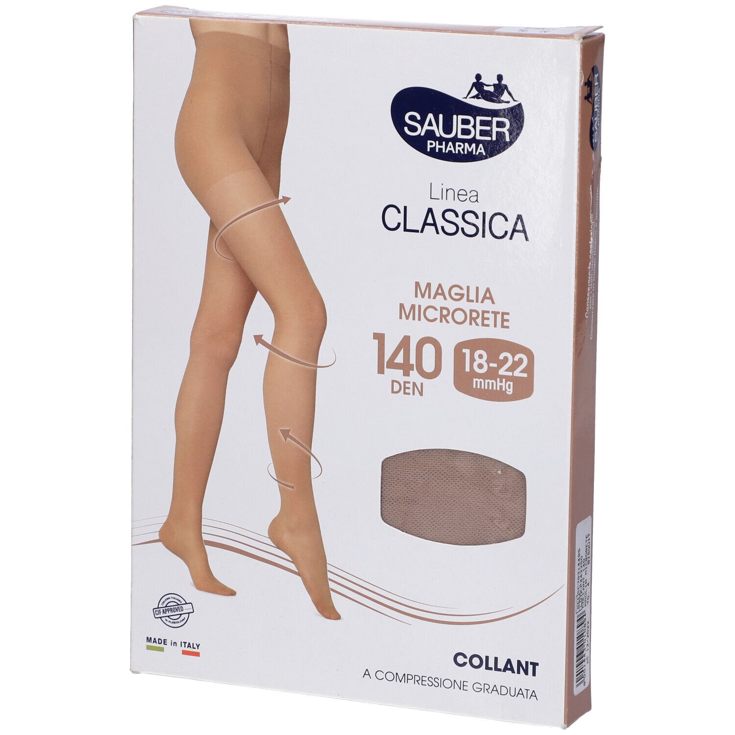 Confezione Sauber Classica 140 Den Bisquit. Marchio, nome prodotto e indicazione compressione visibili.