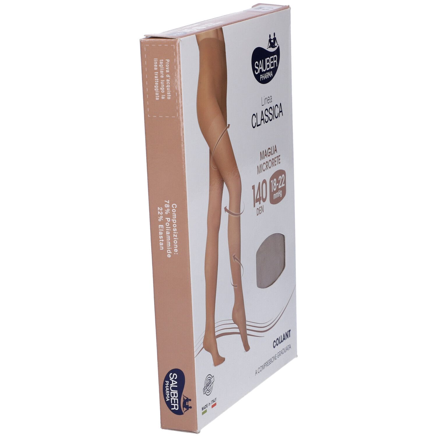 Confezione Sauber Classica 140 Den Bisquit. Marchio, nome prodotto e indicazione compressione visibili.