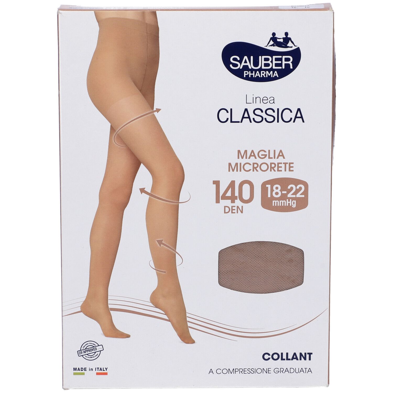 Confezione Sauber Classica 140 Den Bisquit. Marchio, nome prodotto e indicazione compressione visibili.