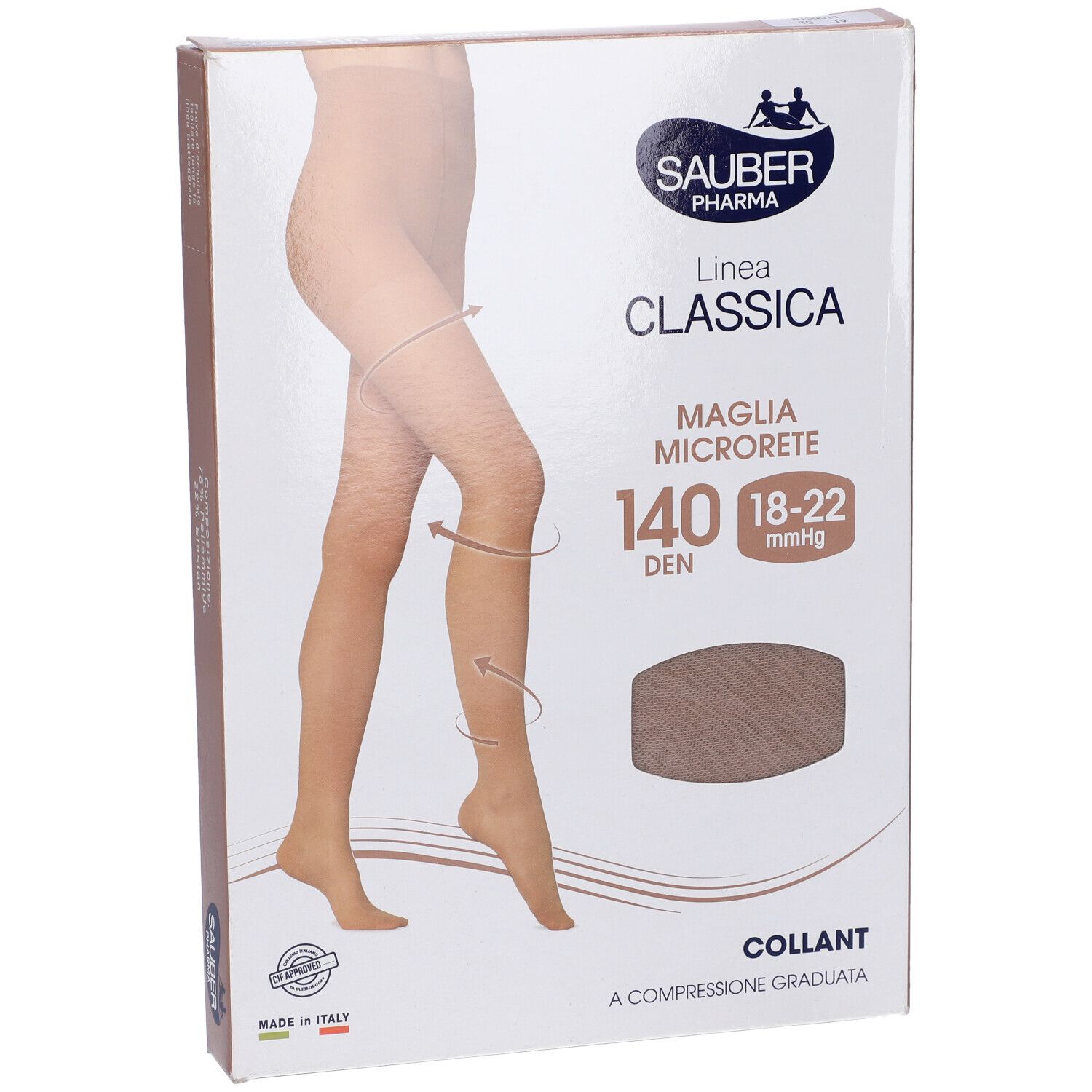 Confezione Sauber Classica 140 Den Bisquit. Marchio, nome prodotto e indicazione compressione visibili.