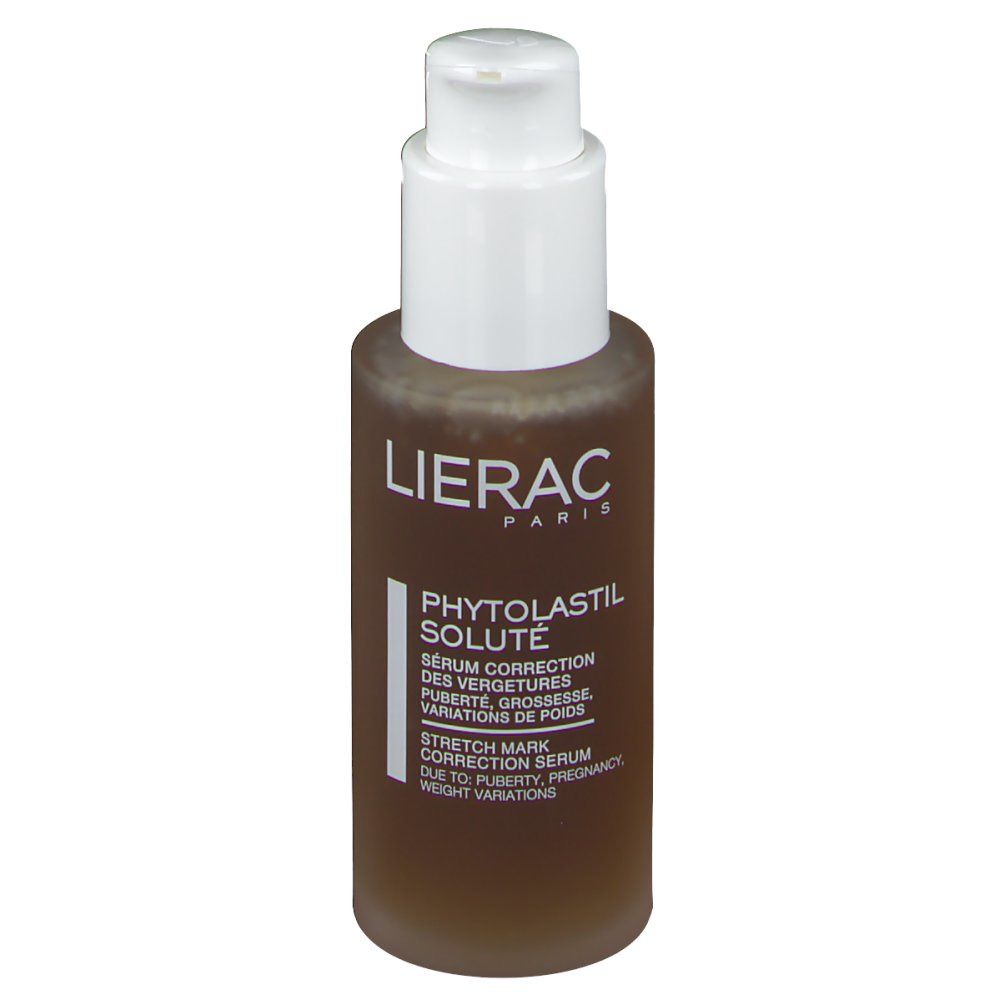 Flacone marrone con dosatore bianco. Scritta: LIERAC, PHYTOLASTIL SOLUTÉ, siero correzione smagliature.