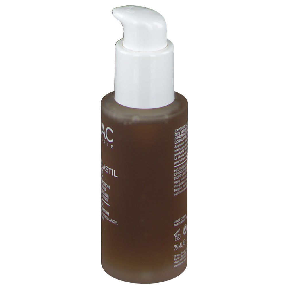 Flacone marrone con dosatore bianco, vista laterale. Scritta: LIERAC, PHYTOLASTIL SOLUTÉ, 75 ml.