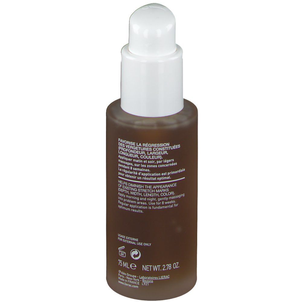 Flacone marrone con dosatore bianco, vista posteriore. Scritta: LIERAC, PHYTOLASTIL SOLUTÉ, 75 ml.