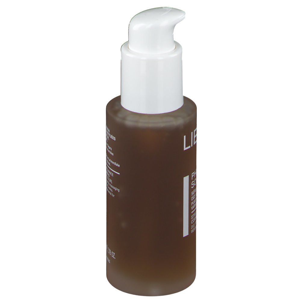 Flacone marrone con dosatore bianco, vista laterale. Scritta: LIERAC, PHYTOLASTIL SOLUTÉ.