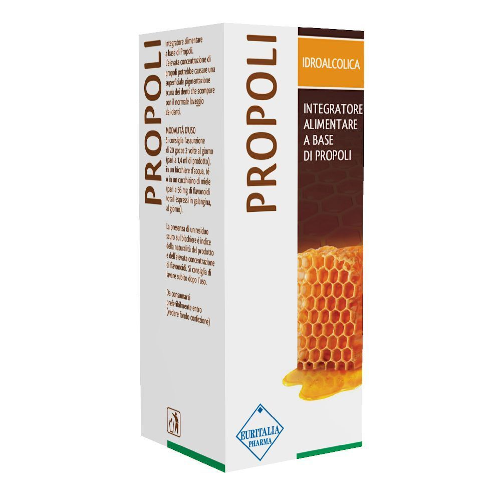 Scatola bianca con nome del prodotto e illustrazione a nido d'ape. Testo: PROPOLI, IDROALCOLICA, Integratore alimentare.