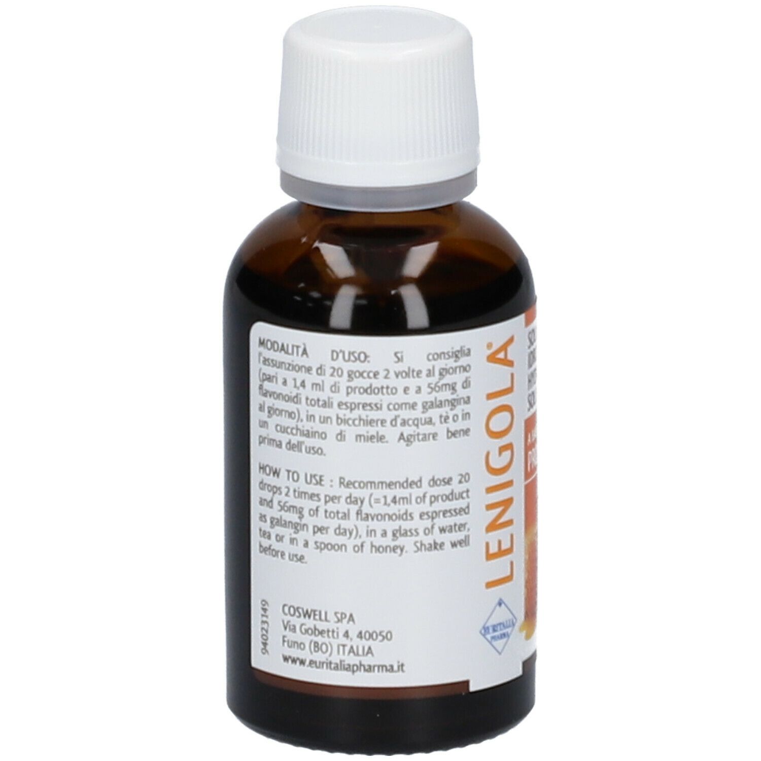 Flacone di vetro marrone con tappo bianco. Etichetta con nome del prodotto LENIGOLA®. Testo: MODALITÀ D'USO, 04/2025, 014901001.