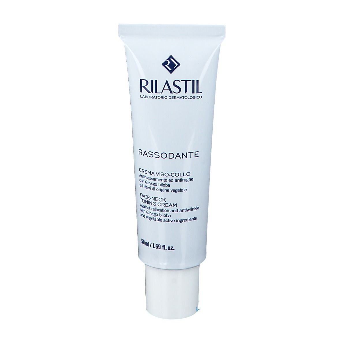 Tubo bianco con logo RILASTIL e nome del prodotto. Testo: RASSODANTE, CREMA VISO-COLLO, FACE-NECK TONING CREAM.