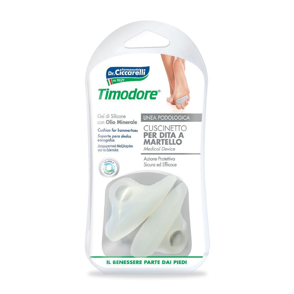 Due cuscinetti per dita in silicone bianco in confezione blister. Marchio: Dr. Ciccarelli Timodore. Testo: Cuscinetto per dita a martello.