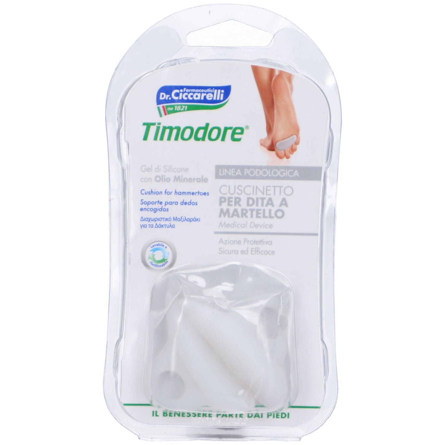 Due cuscinetti per dita in silicone bianco in confezione blister. Marchio: Dr. Ciccarelli Timodore. Testo: Cuscinetto per dita a martello.