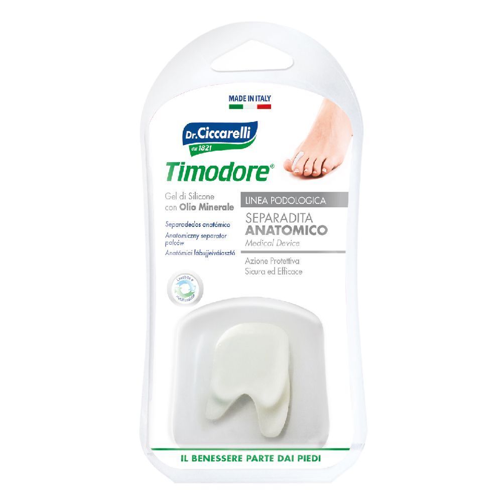 Confezione di separadita anatomico in gel di silicone. Marchio Timodore, Dr. Ciccarelli. Bianco, semitrasparente.