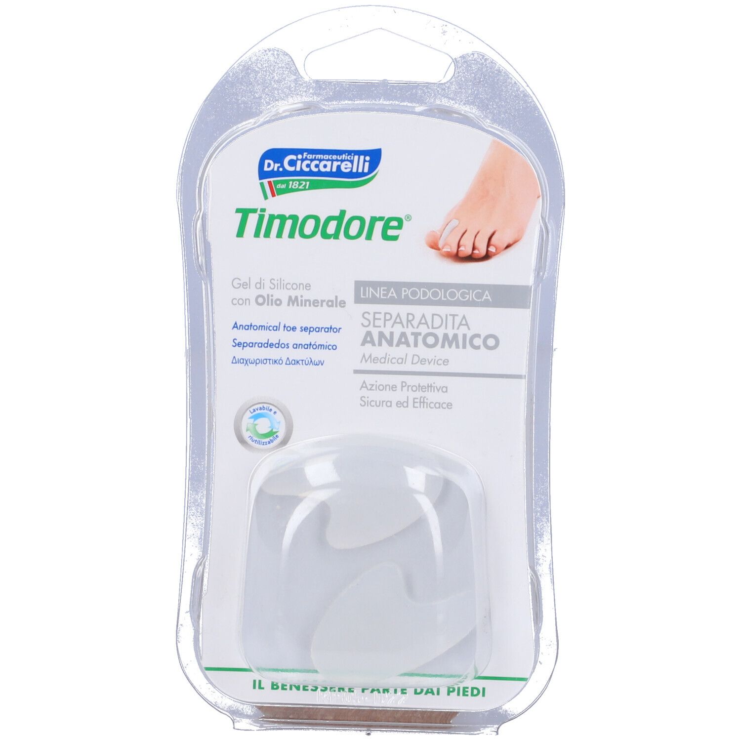 Confezione di separadita anatomico in gel di silicone. Marchio Timodore, Dr. Ciccarelli. Bianco, semitrasparente.