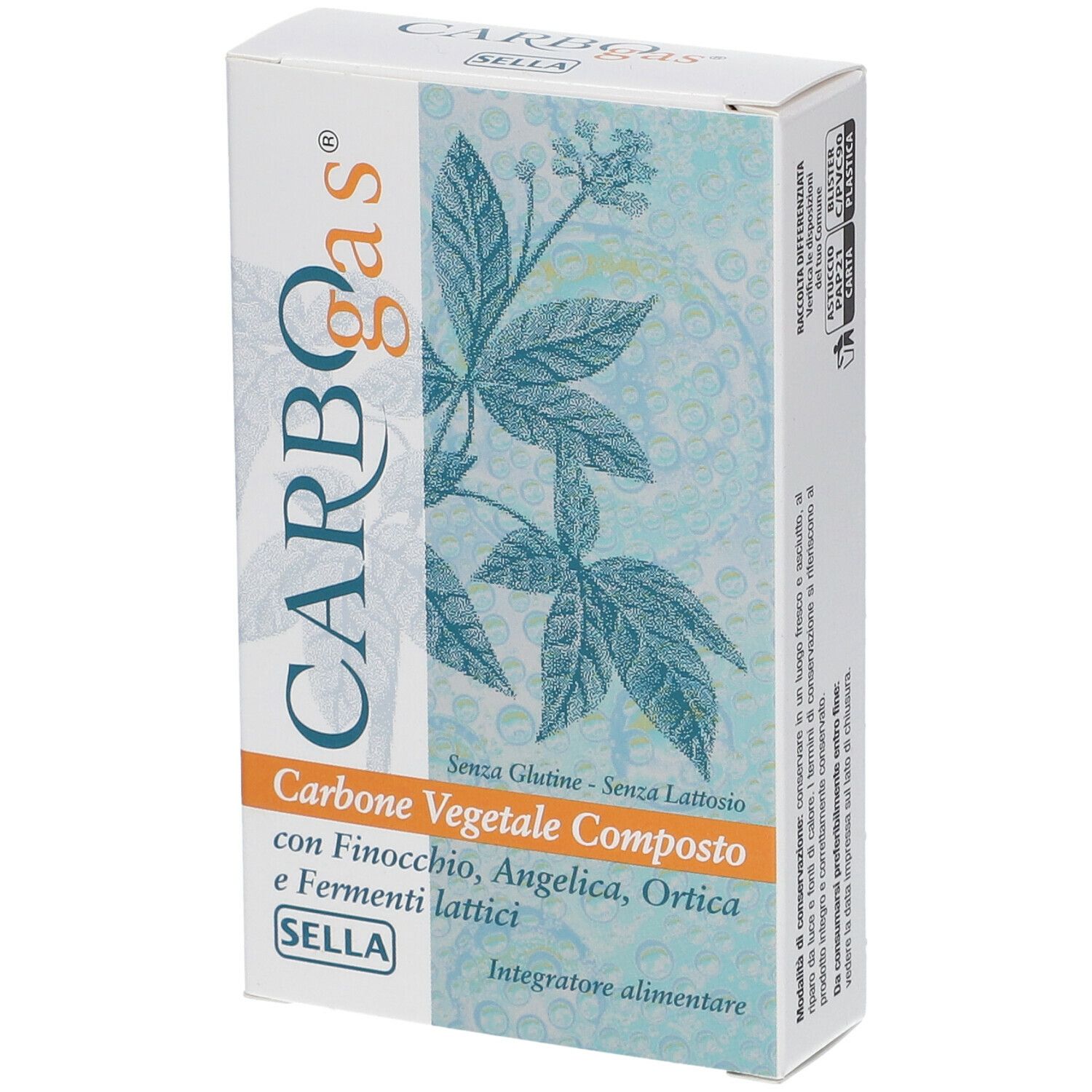 Scatola bianca con logo CarboGas e nome del prodotto. Scritta: Carbone Vegetale Composto, Sella. Con motivo floreale.