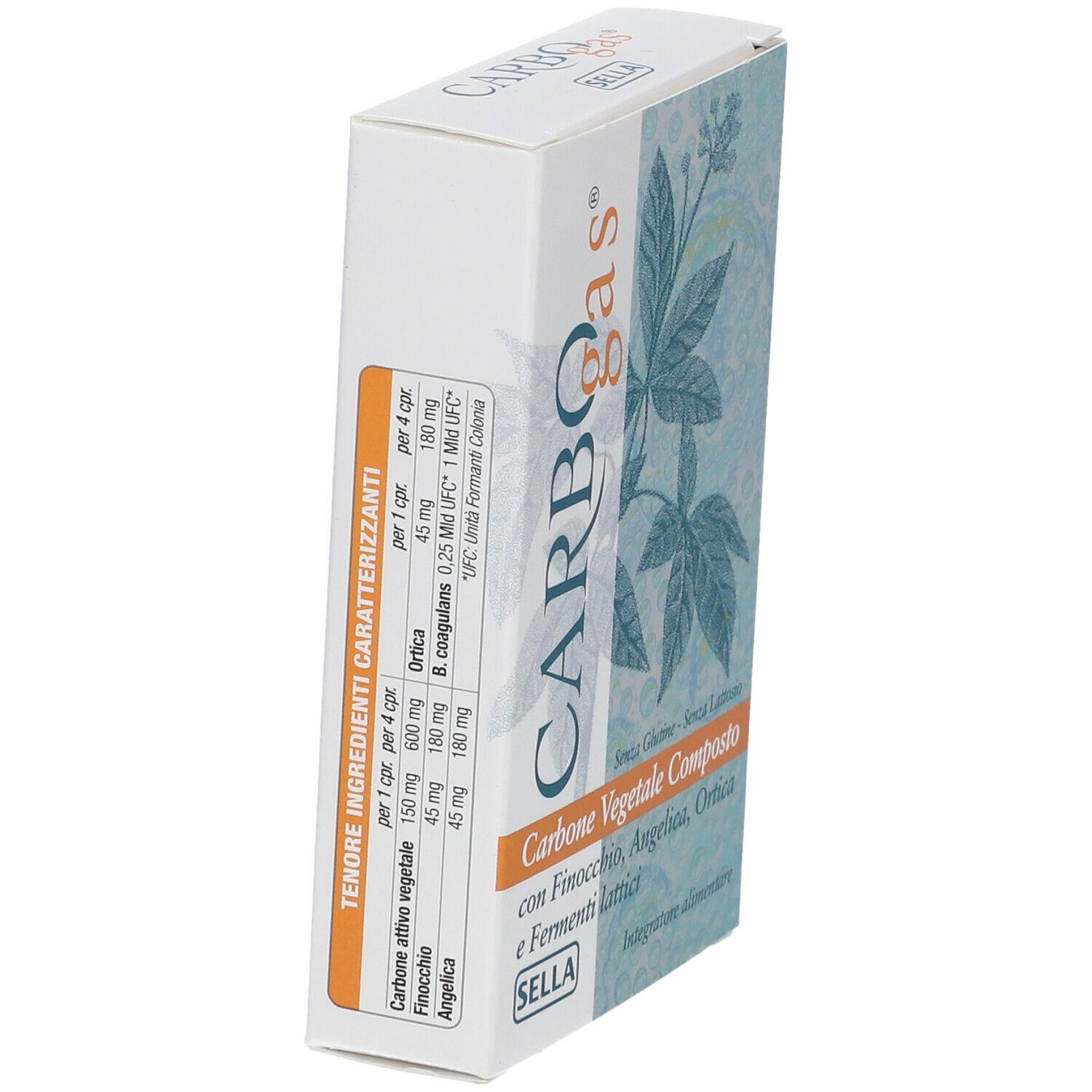 Scatola con logo CarboGas e nome del prodotto. Scritta: Carbone Vegetale Composto, Sella. Con ingredienti e motivo floreale.