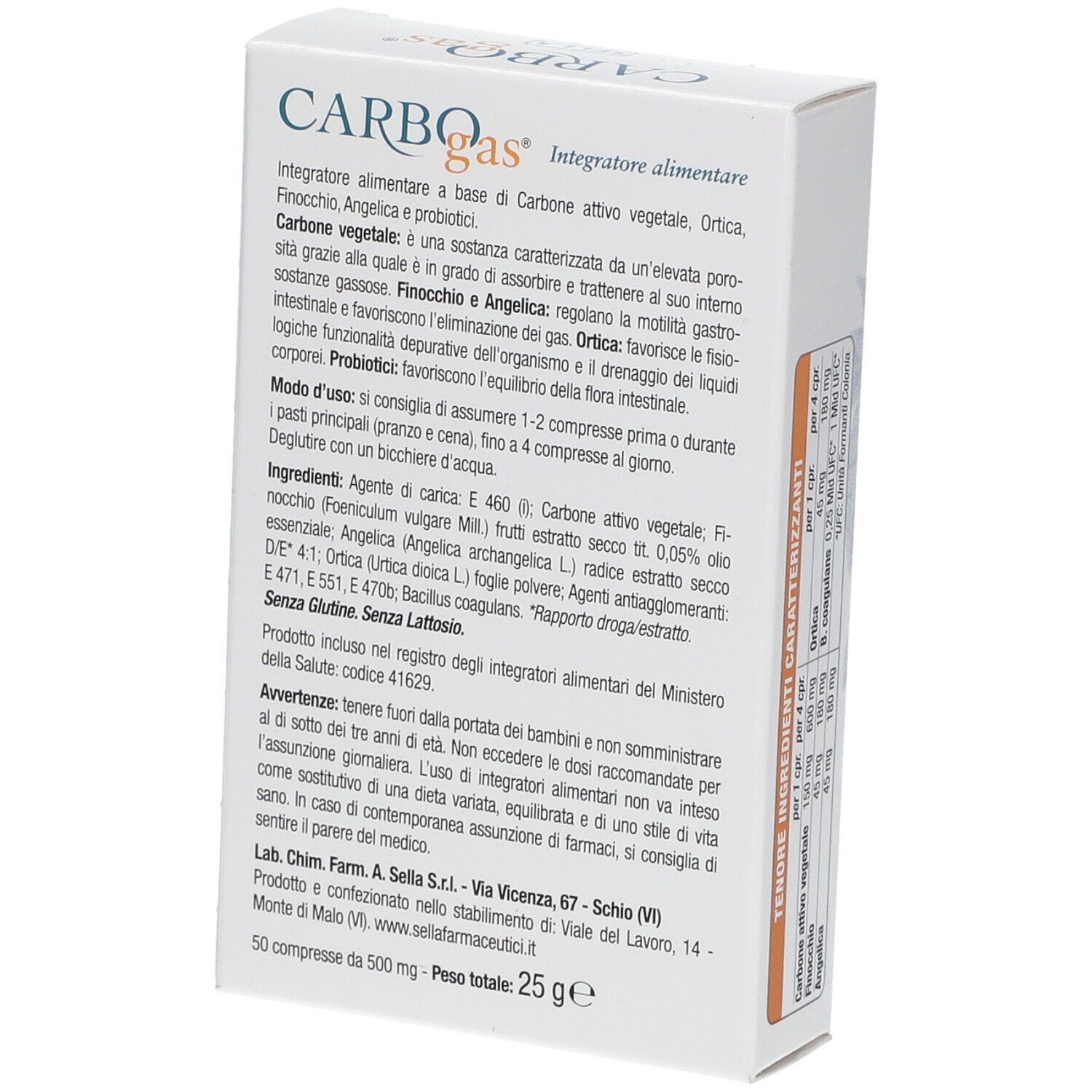 Scatola con logo CarboGas e nome del prodotto. Scritta: Carbone Vegetale Composto, Sella. Con ingredienti e motivo floreale.