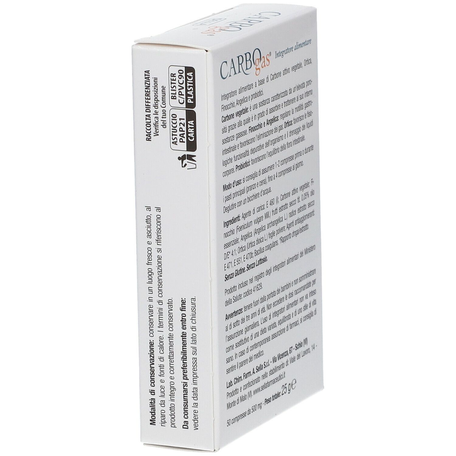 Scatola con logo CarboGas e nome del prodotto. Scritta: Carbone Vegetale Composto, Sella. Con ingredienti e motivo floreale.