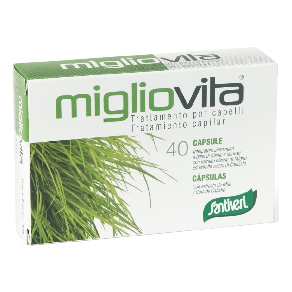 Scatola verde con logo "Migliovita" e 40 capsule. Testo: "Trattamento per capelli". Illustrazione di erba.