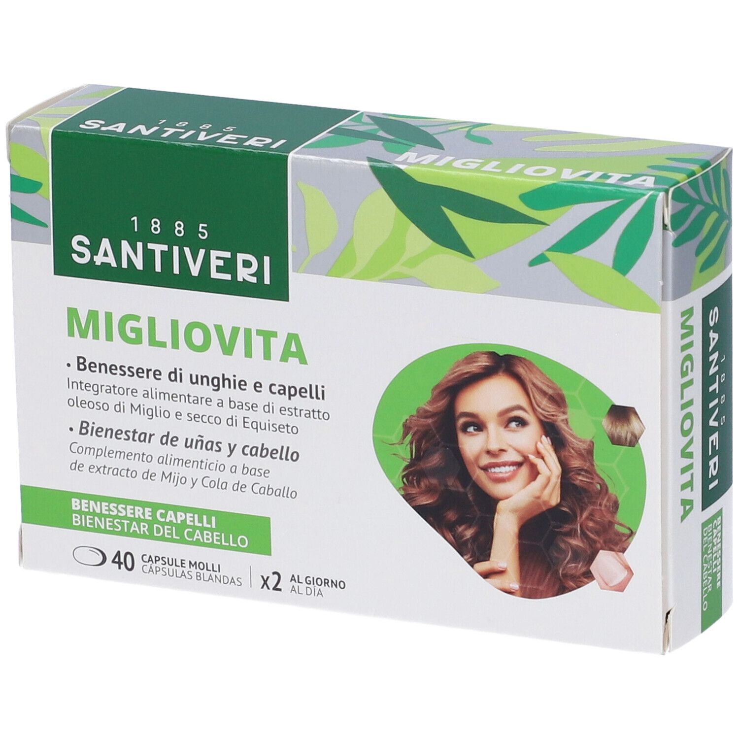 Scatola con loghi "Migliovita" e "Santiveri". Immagine di donna con capelli castani. Testo: 40 capsule, 2 al giorno.