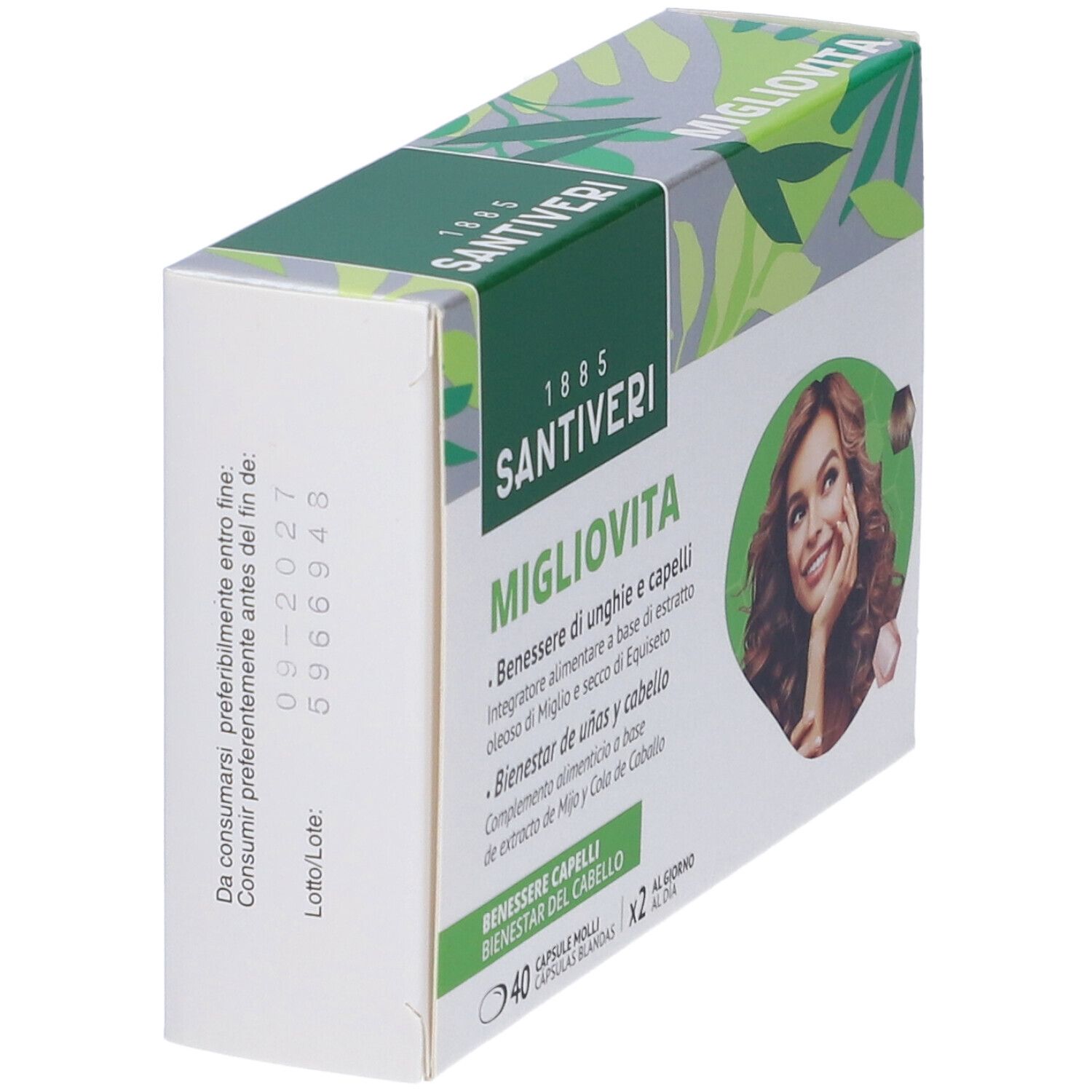 Scatola con loghi "Migliovita" e "Santiveri". Immagine di donna con capelli castani. Testo: 40 capsule, 2 al giorno.