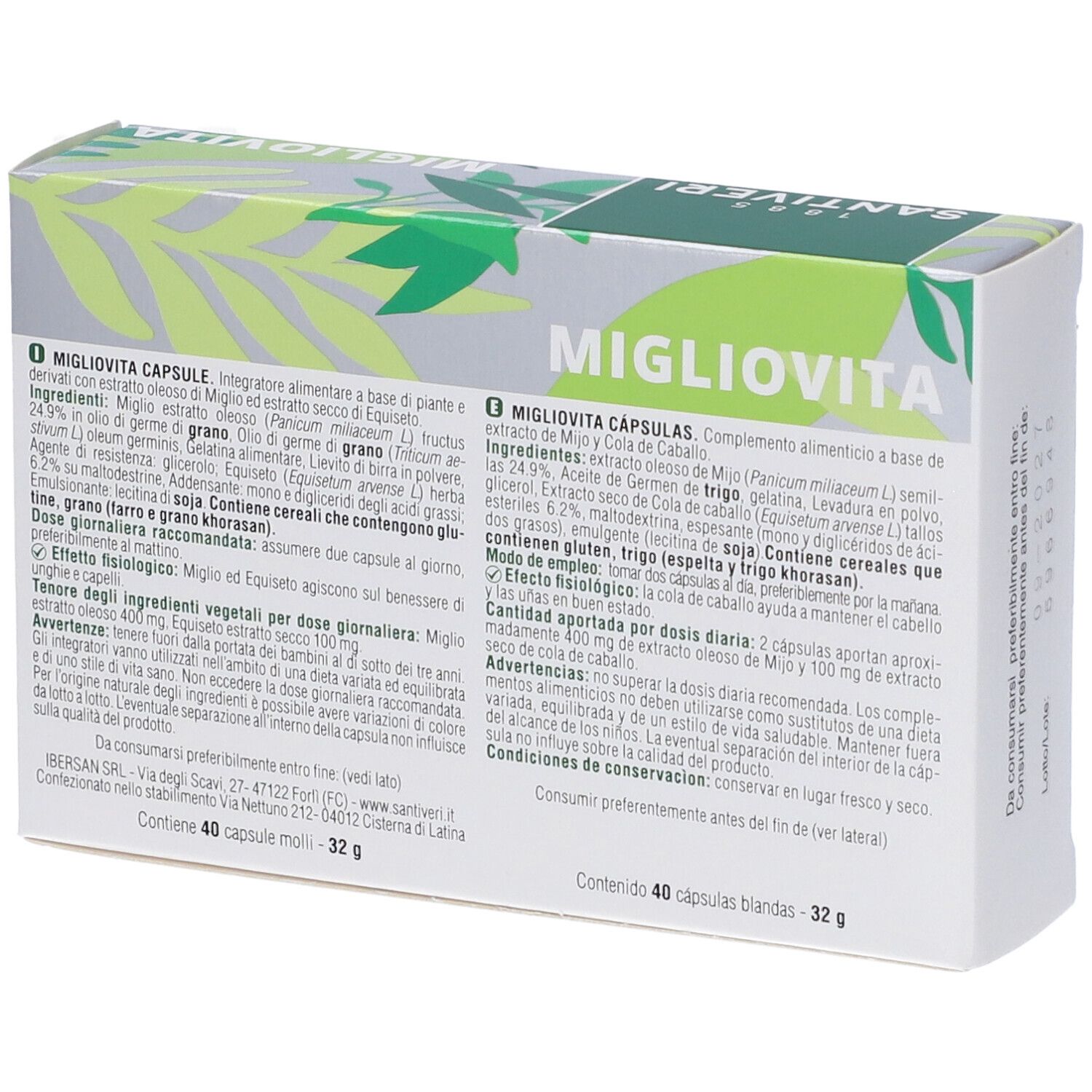 Retro della scatola "Migliovita". Testo: ingredienti, istruzioni per l'uso. 40 capsule. Marchio Santiveri.