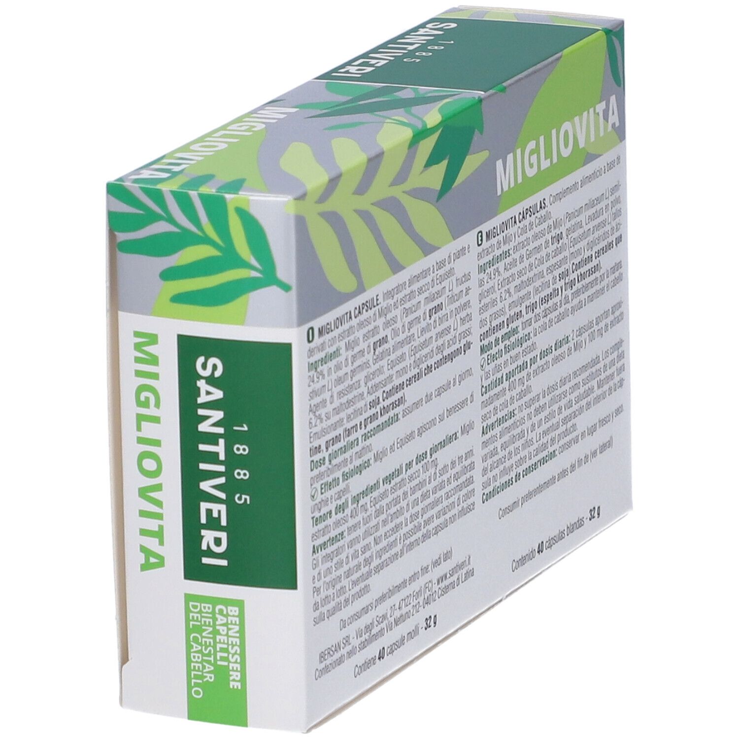 Scatola con loghi "Migliovita" e "Santiveri". Testo: ingredienti, istruzioni per l'uso. 40 capsule.